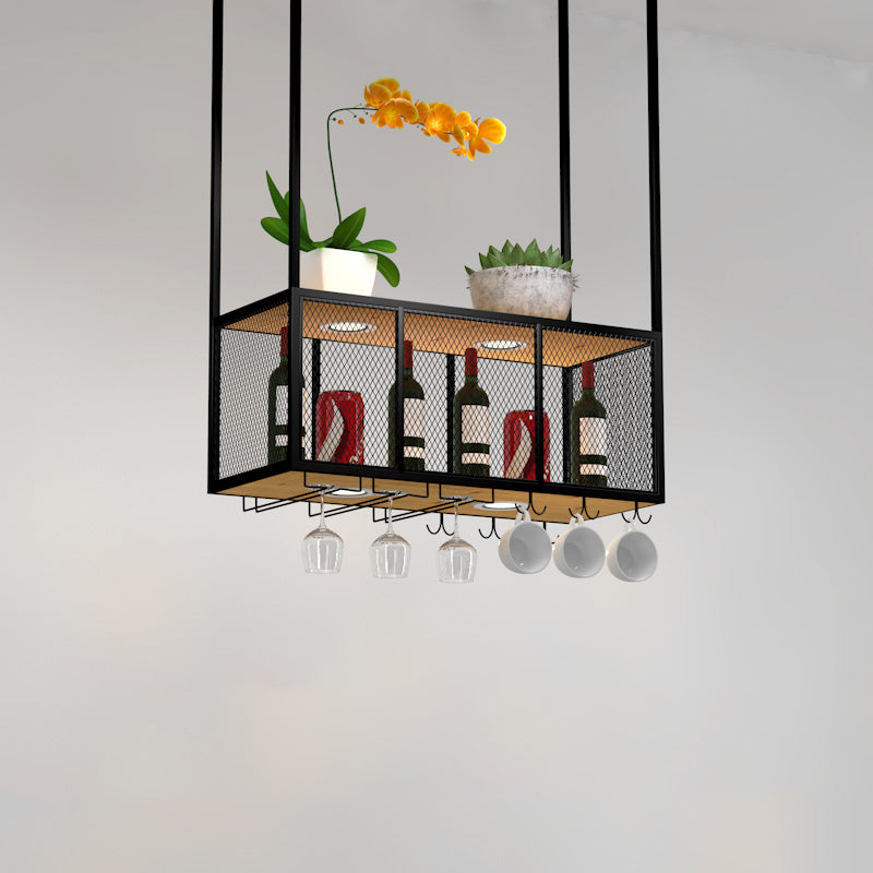 Black Metal Hanging Wine Holder with Glass Holder & Storage Shelf