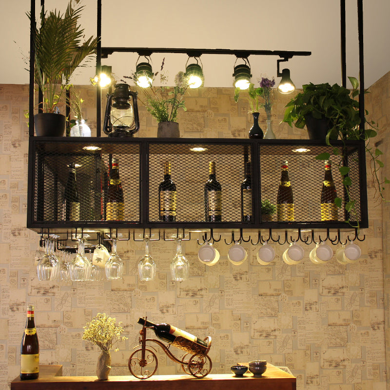 Black Metal Hanging Wine Holder with Glass Holder & Storage Shelf