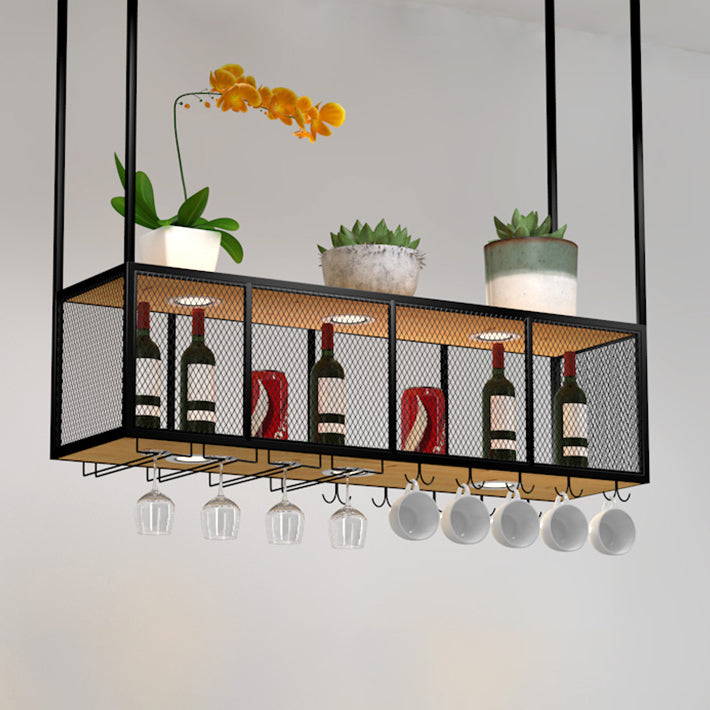 Black Metal Hanging Wine Holder with Glass Holder & Storage Shelf