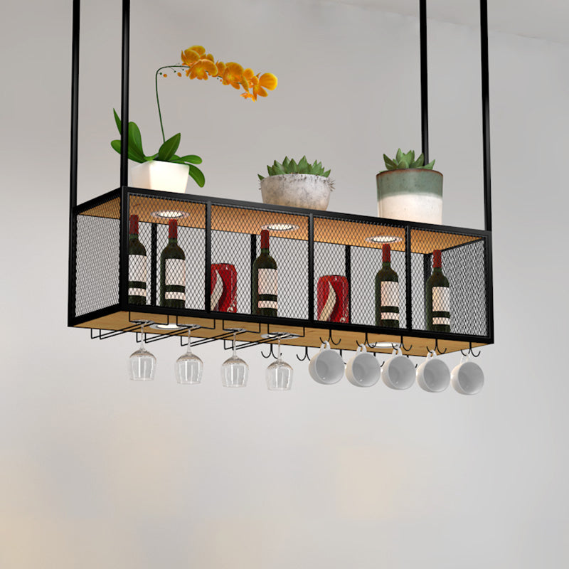 Black Metal Hanging Wine Holder with Glass Holder & Storage Shelf