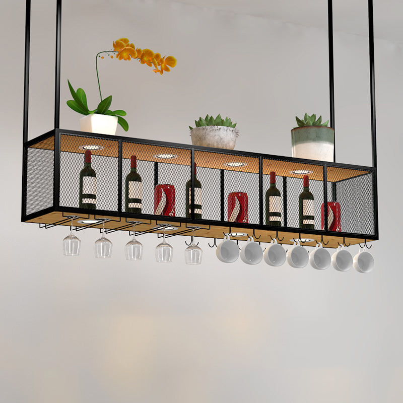 Black Metal Hanging Wine Holder with Glass Holder & Storage Shelf