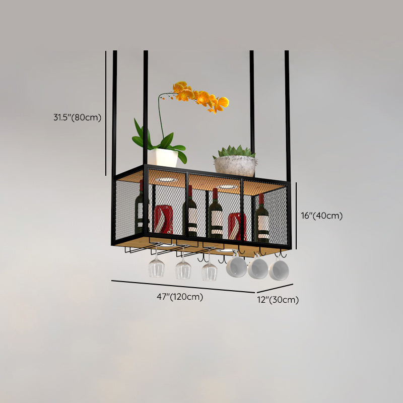 Black Metal Hanging Wine Holder with Glass Holder & Storage Shelf