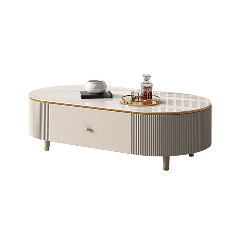 Glam Stone Oval Single White 4 Legs Coffee Table with Drawers