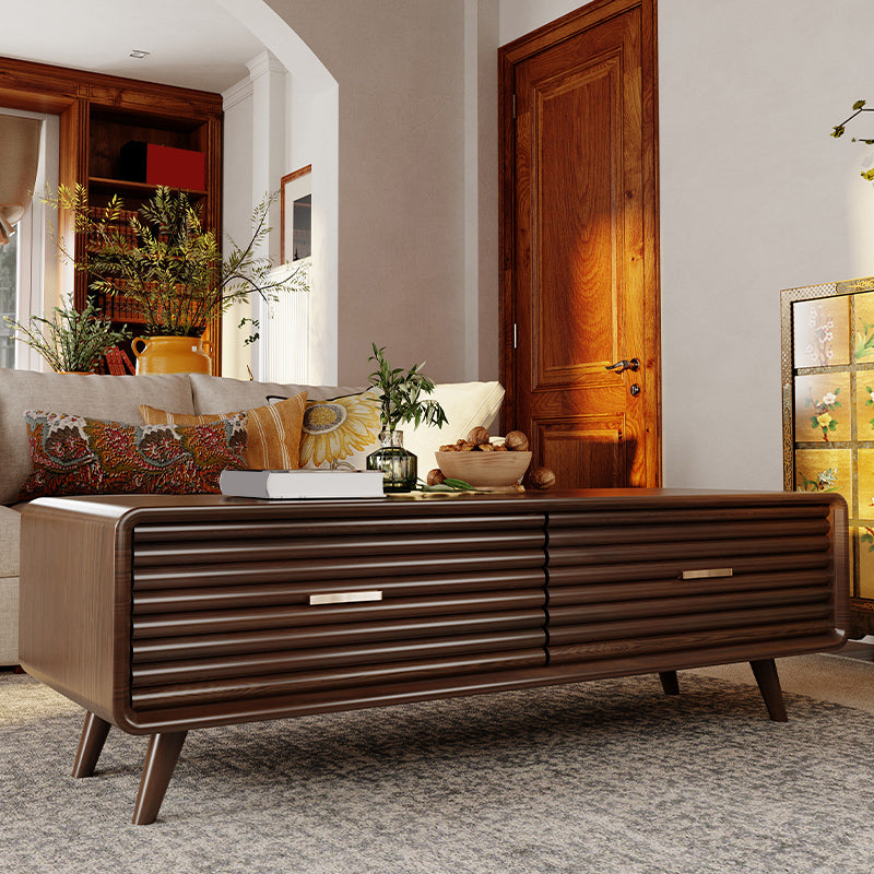 Solid Wood Mid-Century Modern Rectangle Brown Coffee Table with Storage Drawers