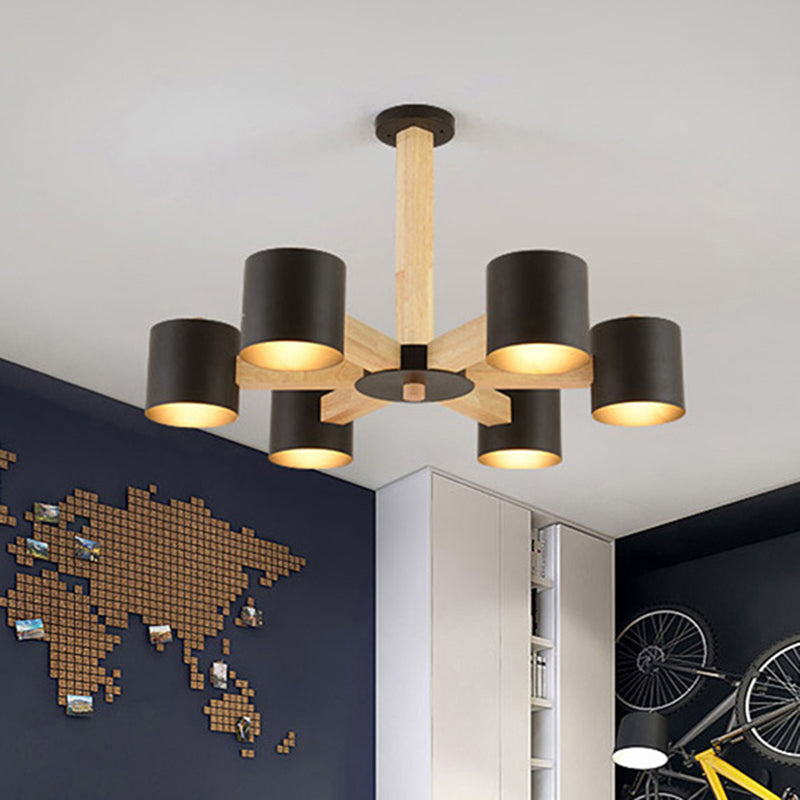 Salle d'étude Drum Shade Chandelier Wood & Iron Nordic Style Pendant Light in Black / White