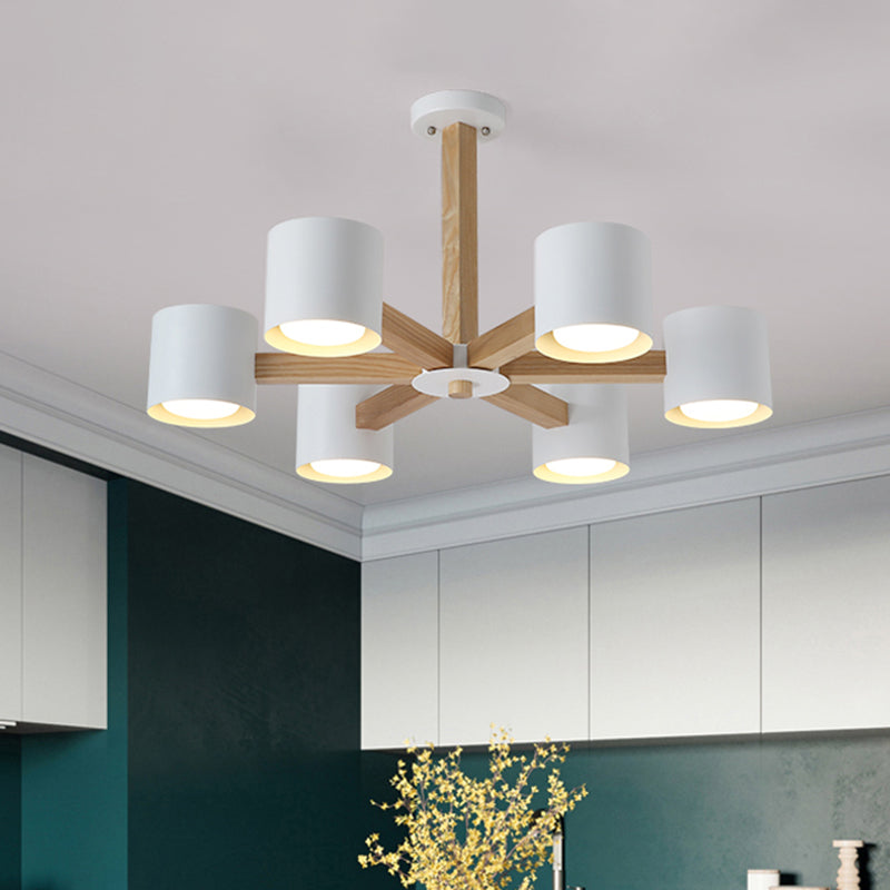 Salle d'étude Drum Shade Chandelier Wood & Iron Nordic Style Pendant Light in Black / White