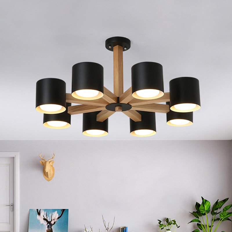 Salle d'étude Drum Shade Chandelier Wood & Iron Nordic Style Pendant Light in Black / White