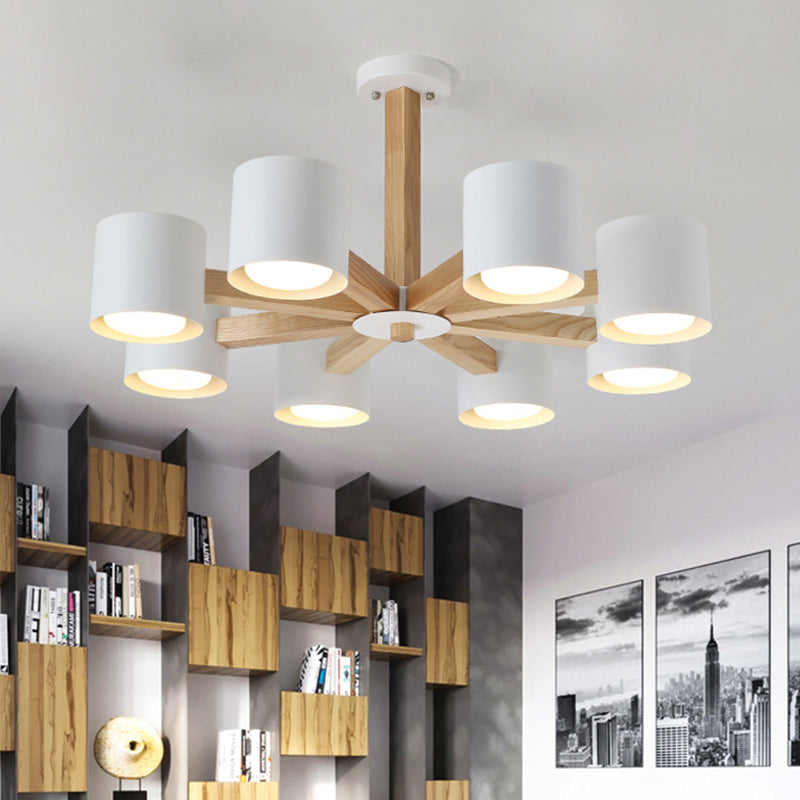 Salle d'étude Drum Shade Chandelier Wood & Iron Nordic Style Pendant Light in Black / White