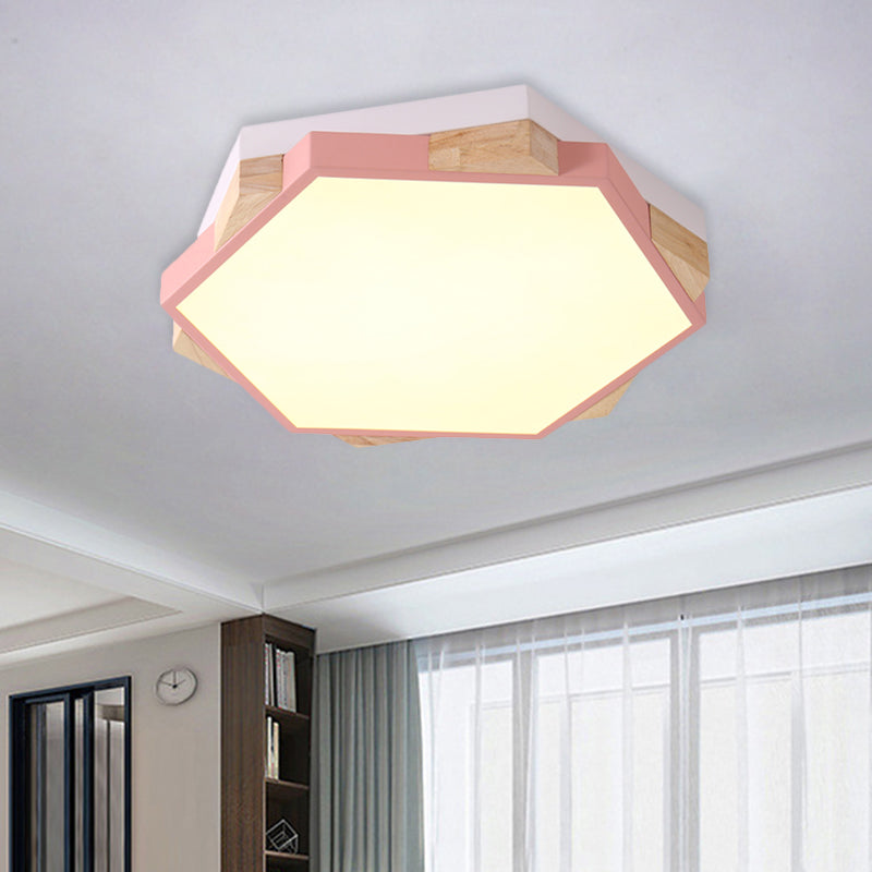 Bedroom Hexagon LED Flush Ceiling Light Acrylic Macaron Style Eye-Caring Ceiling Lamp in Black/Blue/Green/Pink/Yellow