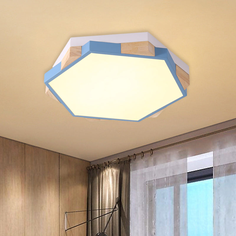 Bedroom Hexagon LED Flush Ceiling Light Acrylic Macaron Style Eye-Caring Ceiling Lamp in Black/Blue/Green/Pink/Yellow