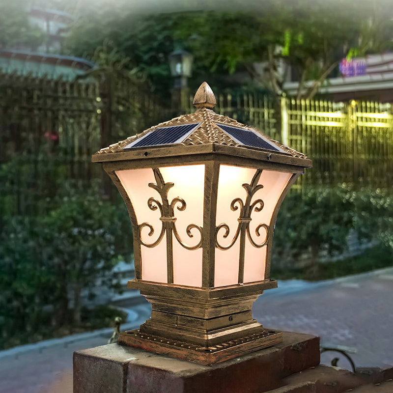 Modern Style Iron Solar Energy Pillar Lamp with Acrylic Shade for Outdoor