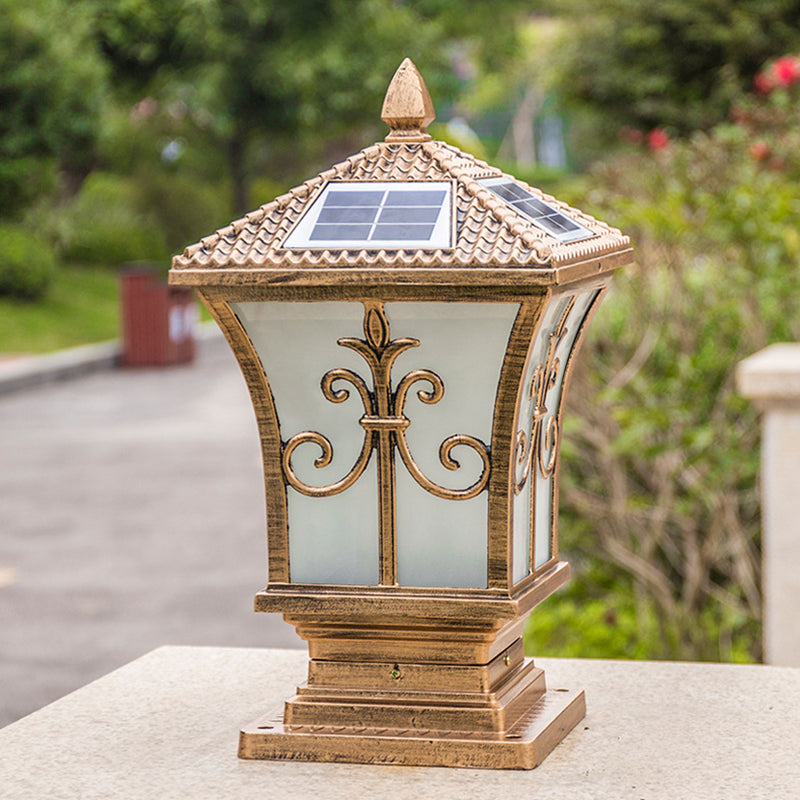 Modern Style Iron Solar Energy Pillar Lamp with Acrylic Shade for Outdoor