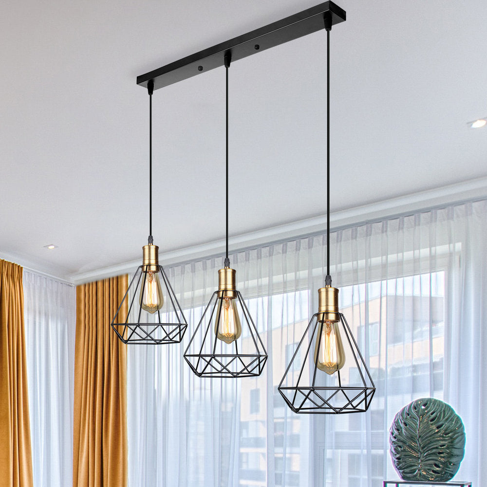 3 Heads Hanging Lamp Farmhouse Teardrop Cage Shade Metal Suspended Lamp with Round/Linear Canopy in Brass