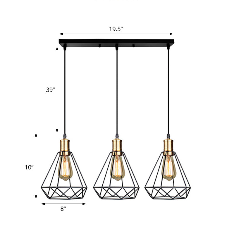 3 Heads Hanging Lamp Farmhouse Teardrop Cage Shade Metal Suspended Lamp with Round/Linear Canopy in Brass