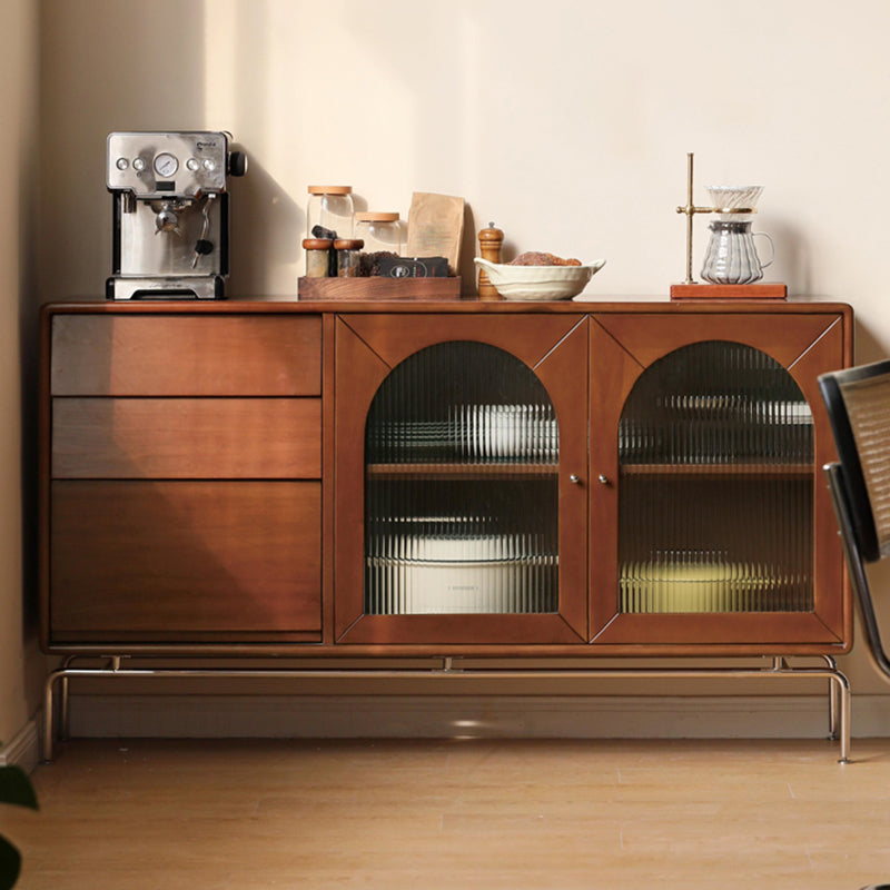 Modern Brown Solid Wood Buffet Sideboard with Glass Door and 3 Drawers