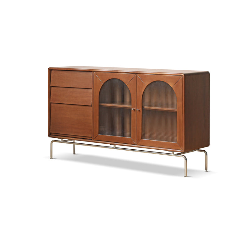 Modern Brown Solid Wood Buffet Sideboard with Glass Door and 3 Drawers
