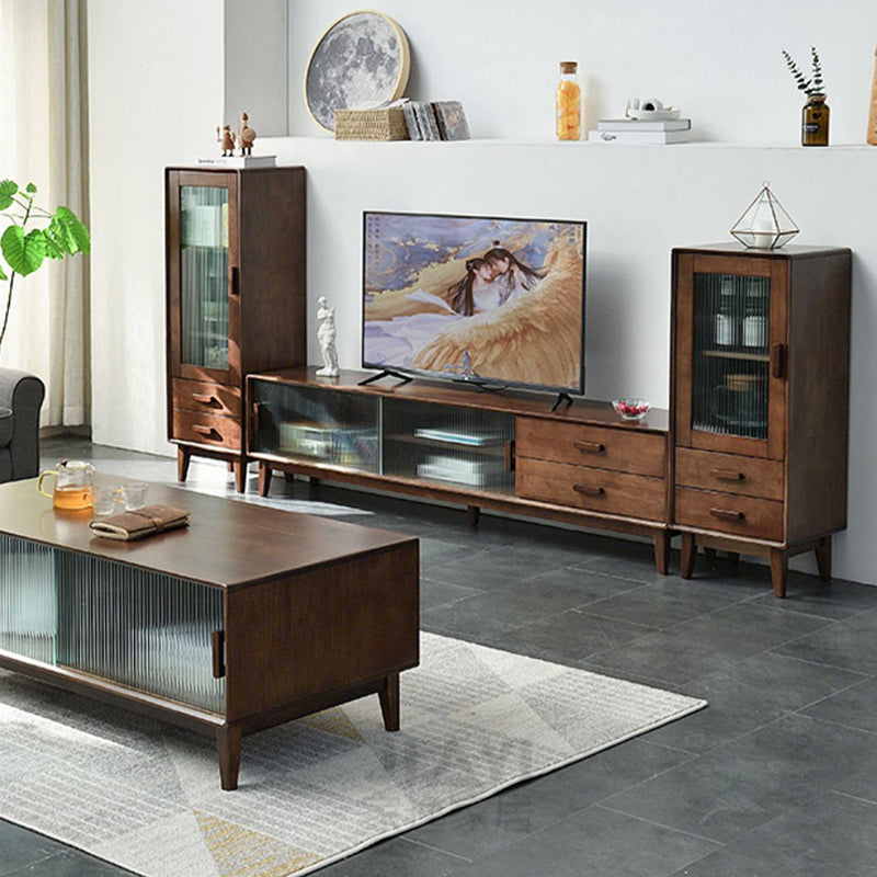 Modern Style Solid Wood Storage Sideboard Cabinet with Glass Doors in Brown