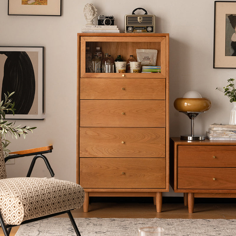 Nordic Style Solid Wood Storage Sideboard Cabinet with Glass Door and Drawers