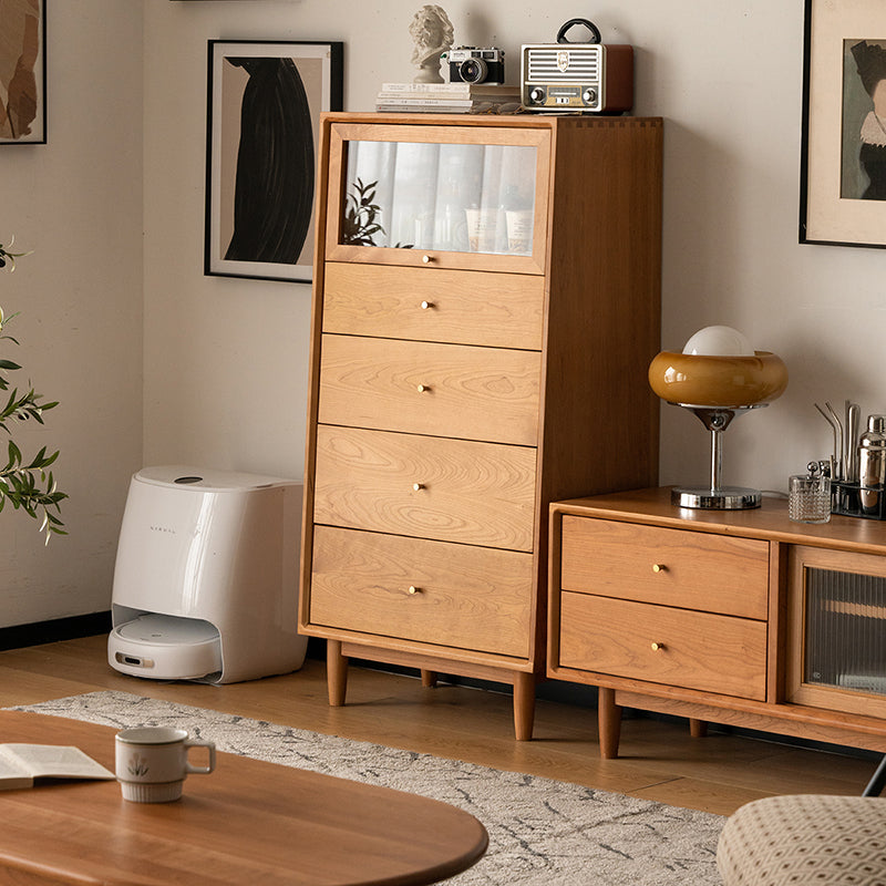 Nordic Style Solid Wood Storage Sideboard Cabinet with Glass Door and Drawers