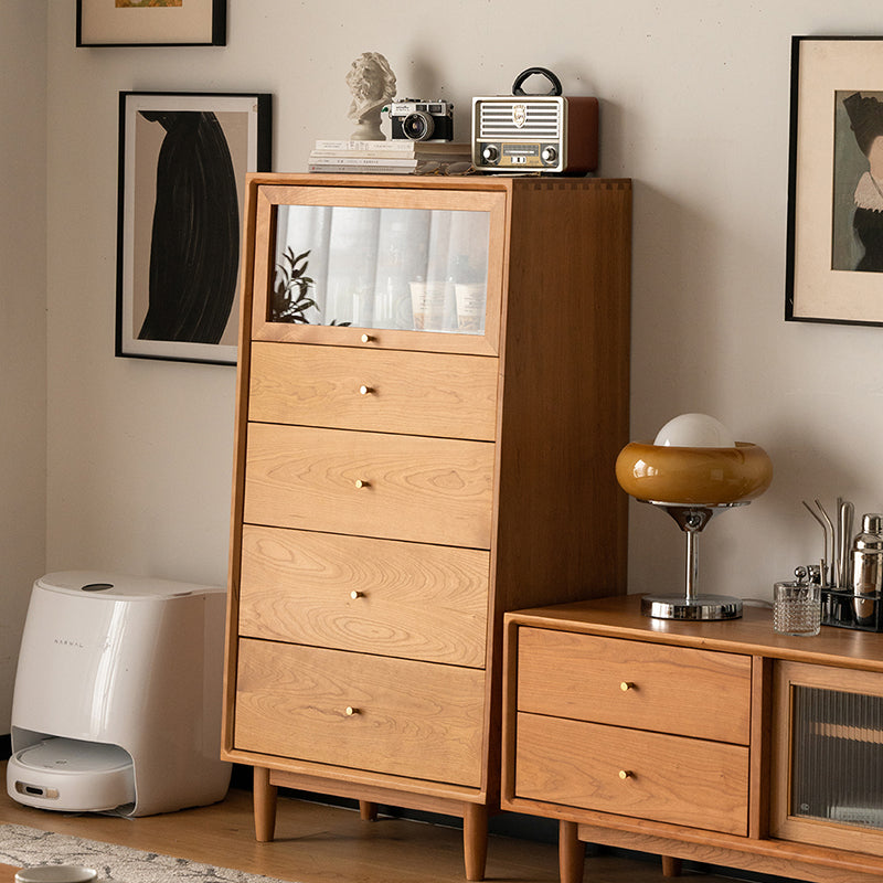 Nordic Style Solid Wood Storage Sideboard Cabinet with Glass Door and Drawers