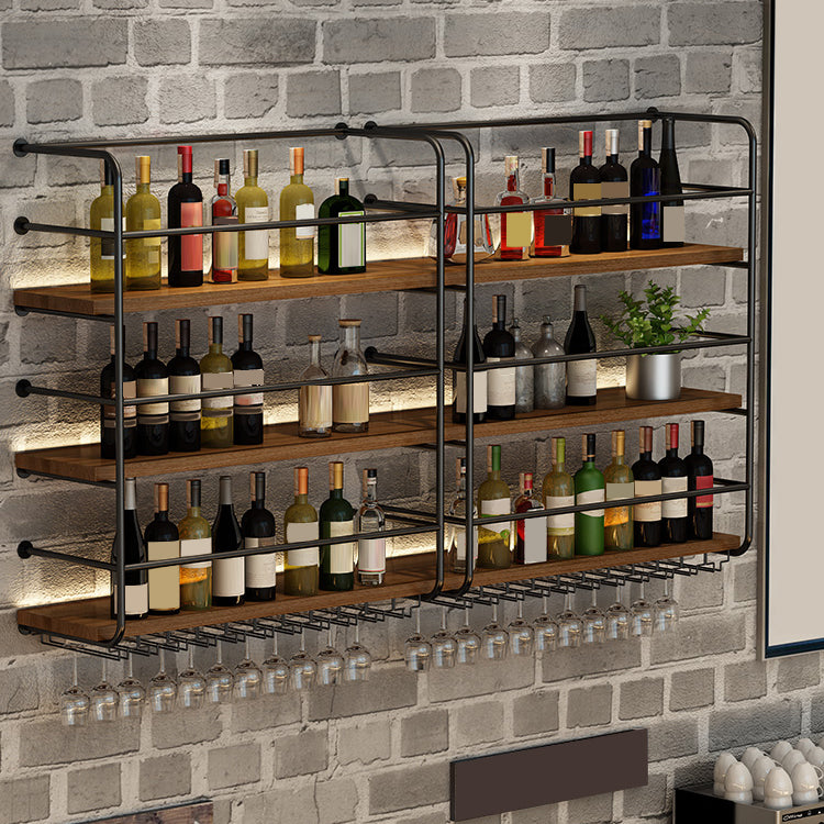 Modern Style Wood and Iron Wall Mounted Wine Rack with Light in Black