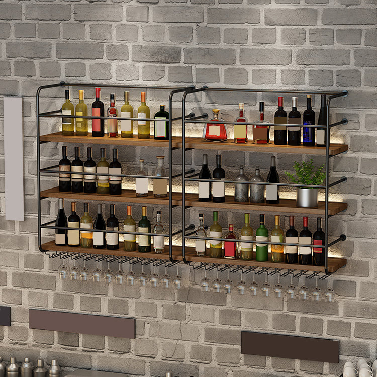 Modern Style Wood and Iron Wall Mounted Wine Rack with Light in Black