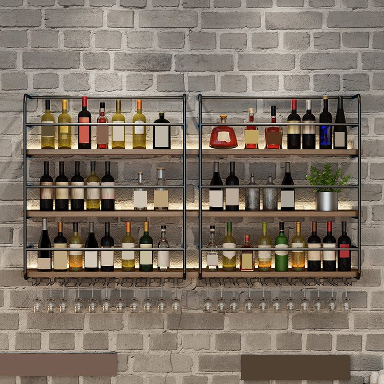 Modern Style Wood and Iron Wall Mounted Wine Rack with Light in Black