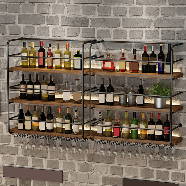 Modern Style Wood and Iron Wall Mounted Wine Rack with Light in Black