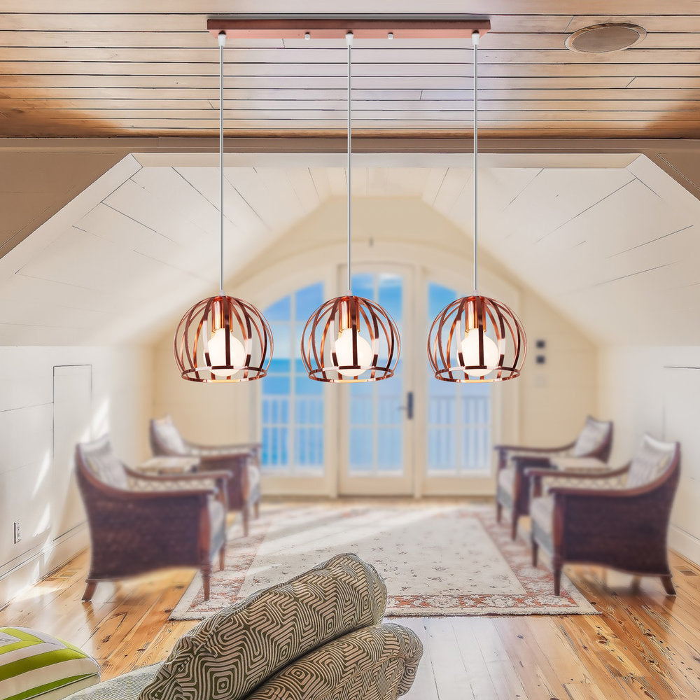 Domed Metal Hanging Lamp with Wire Cage Shade Industrial 3 Heads Living Room Ceiling Pendant in Copper