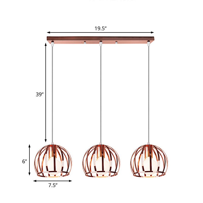 Domed Metal Hanging Lamp with Wire Cage Shade Industrial 3 Heads Living Room Ceiling Pendant in Copper