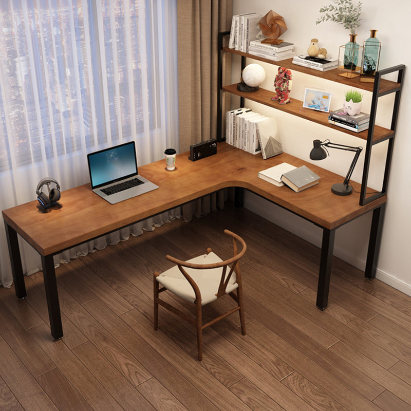 L-Shaped Office Laptop Table Wood Writing Desk in Brown with 5-Legs