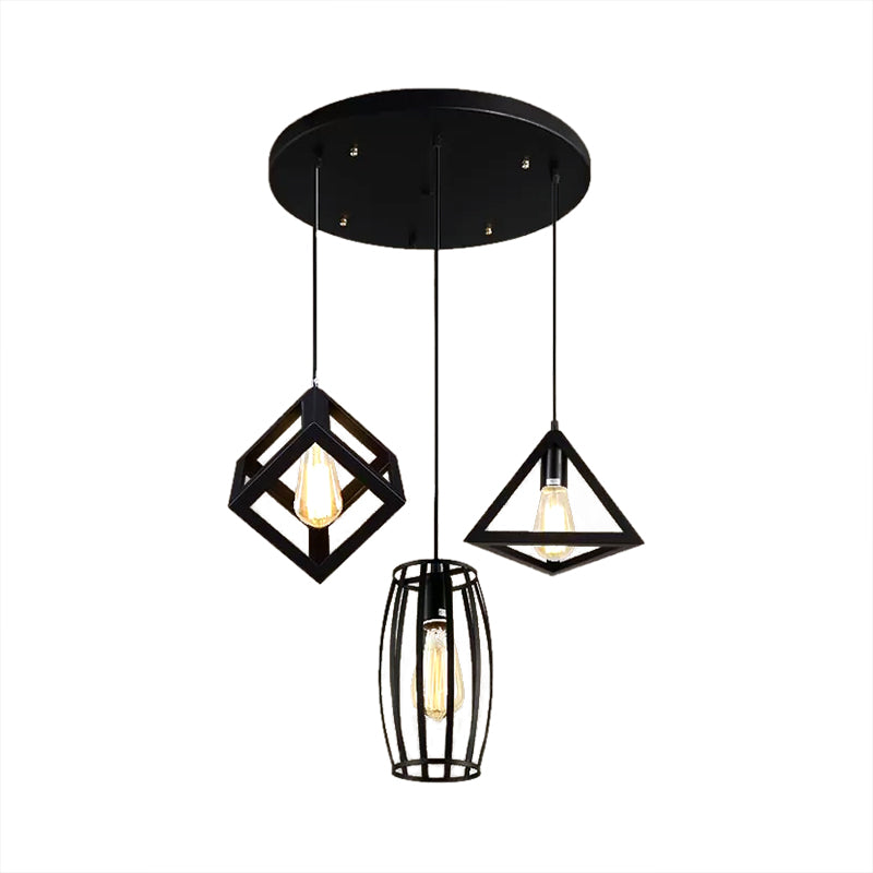 3 Heads Pendant Lighting with Different Cage Shade Metal Retro Stylish Kitchen Hanging Lamp in Black, Round/Linear Canopy