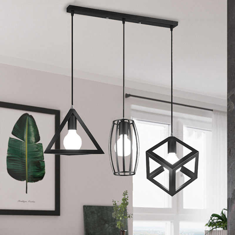 3 Heads Pendant Lighting with Different Cage Shade Metal Retro Stylish Kitchen Hanging Lamp in Black, Round/Linear Canopy