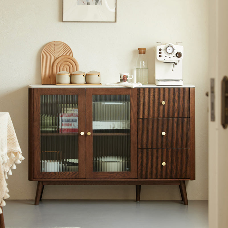 Cherry Wood Sideboard Modern Stone Top with Glass Door in Espresso