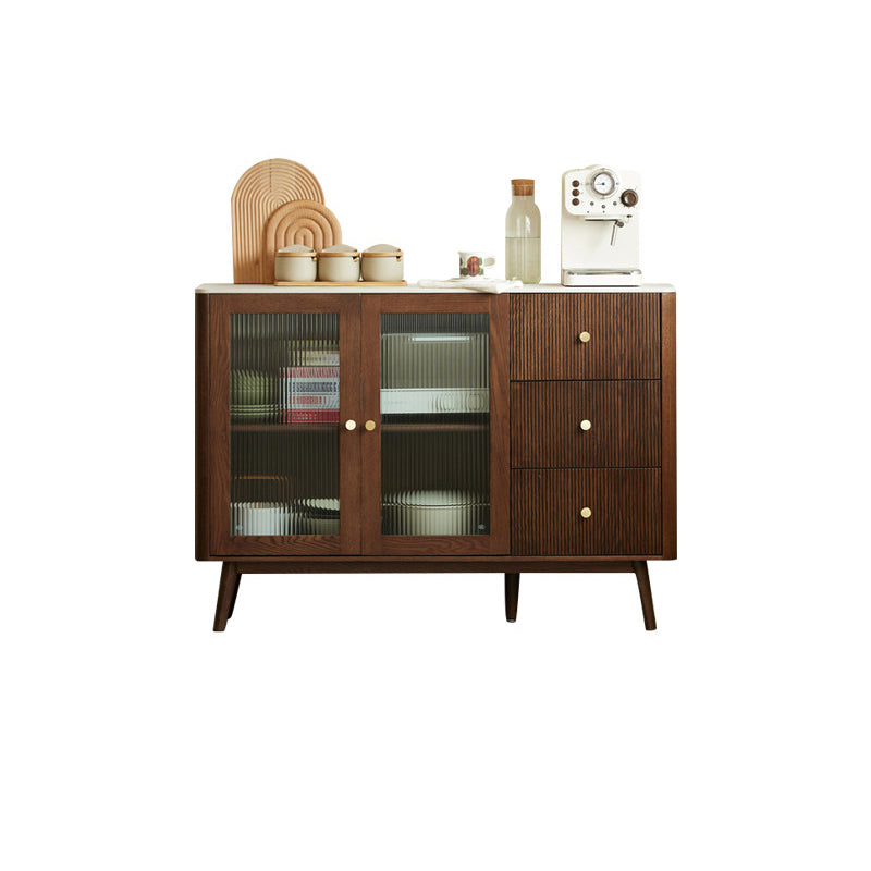 Cherry Wood Sideboard Modern Stone Top with Glass Door in Espresso