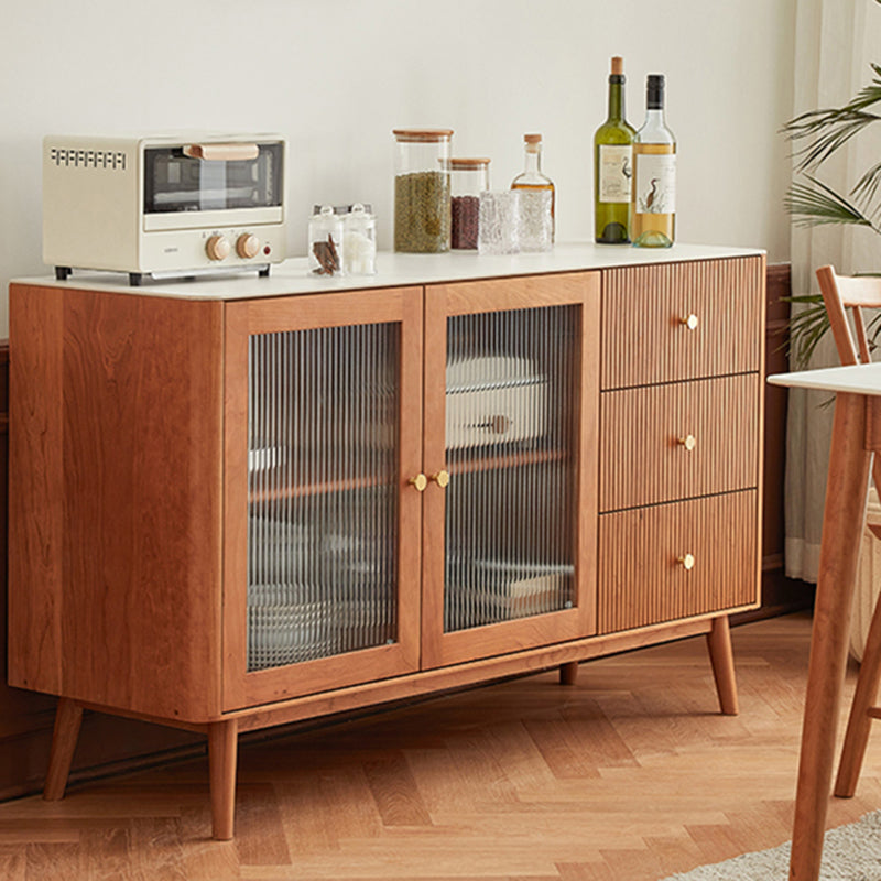 Stone Top Sideboard Modern Cherry Wood with Glass Door in Teak