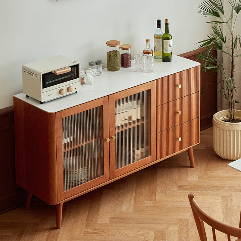 Stone Top Sideboard Modern Cherry Wood with Glass Door in Teak