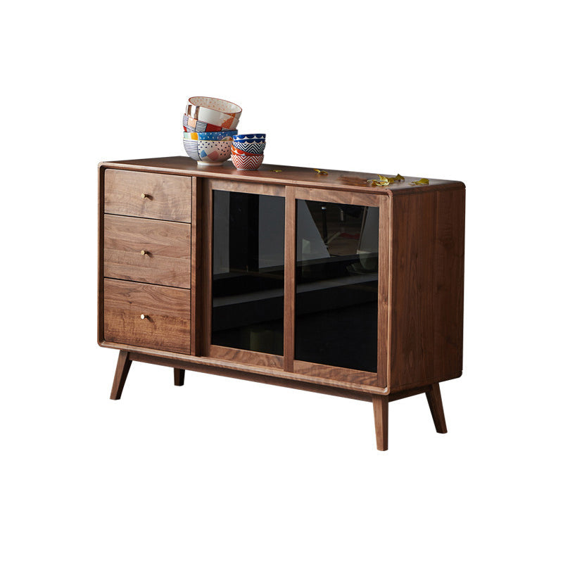 Espresso Walnut Wood Sideboard Modern Glass Door with 3 Drawers