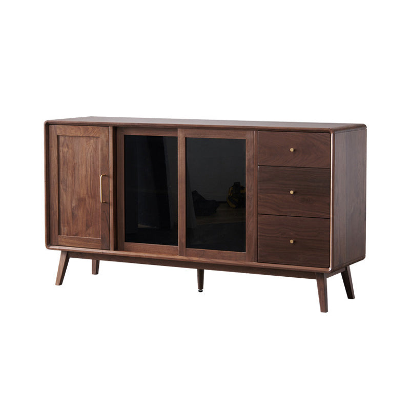 Espresso Walnut Wood Sideboard Modern Glass Door with 3 Drawers