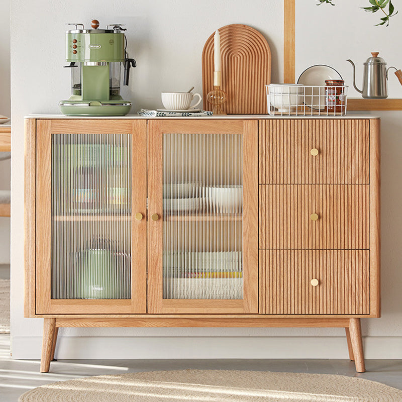 Oak Finished Sideboard Modern Style Glass Door with 3 Drawer