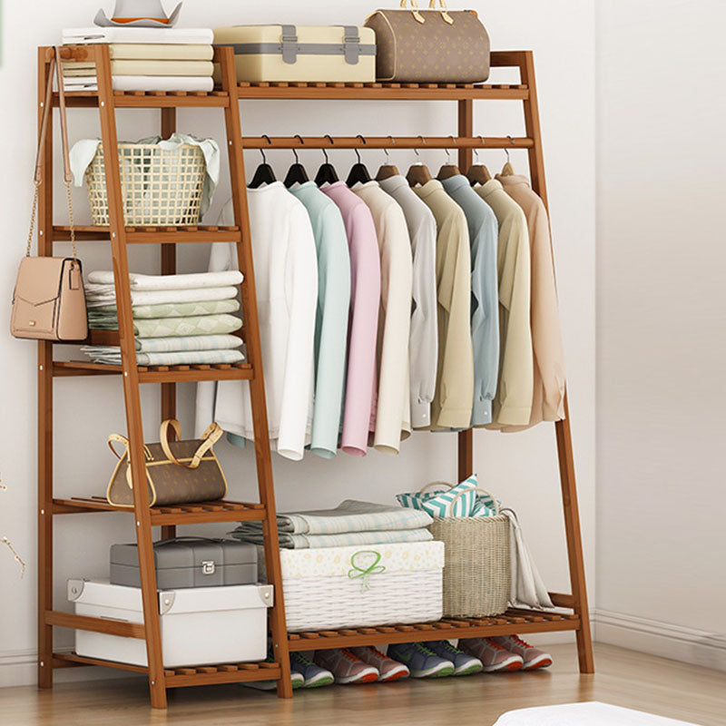 Modern Clothes Hanger Free Standing Wood Coat Rack with Storage Shelving