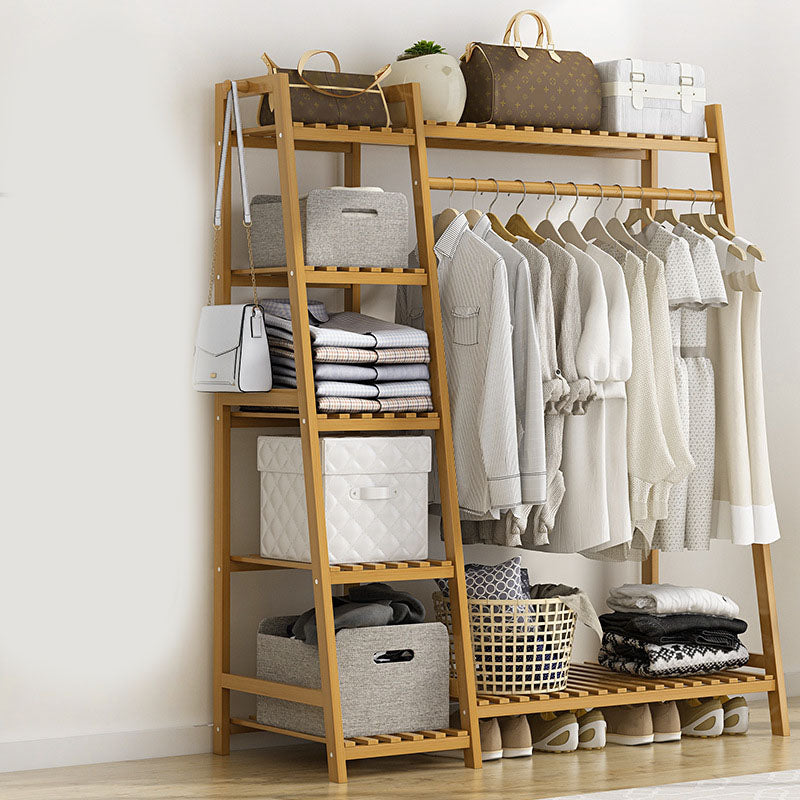 Modern Clothes Hanger Free Standing Wood Coat Rack with Storage Shelving