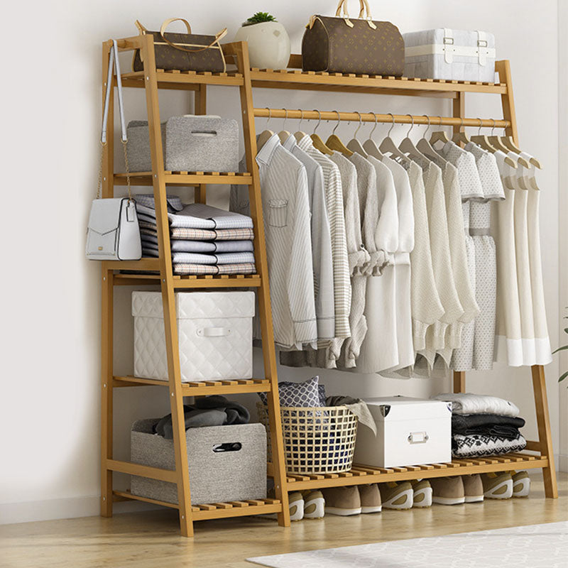 Modern Clothes Hanger Free Standing Wood Coat Rack with Storage Shelving