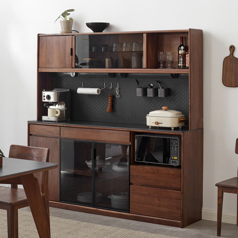 Modern Solid Wood Sideboard with 3 Drawers Glass Door in Brown