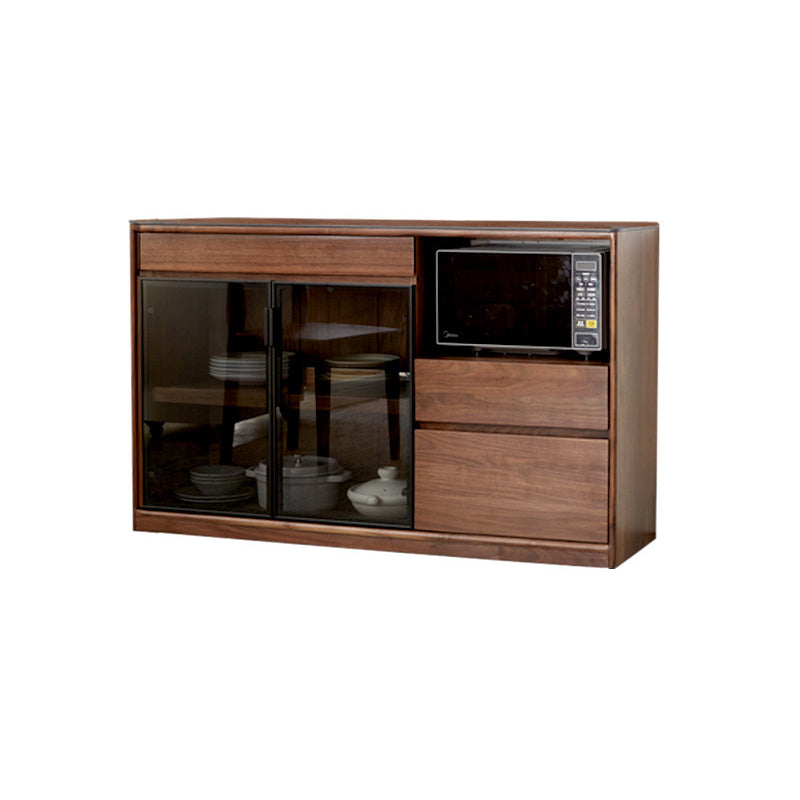 Modern Solid Wood Sideboard with 3 Drawers Glass Door in Brown