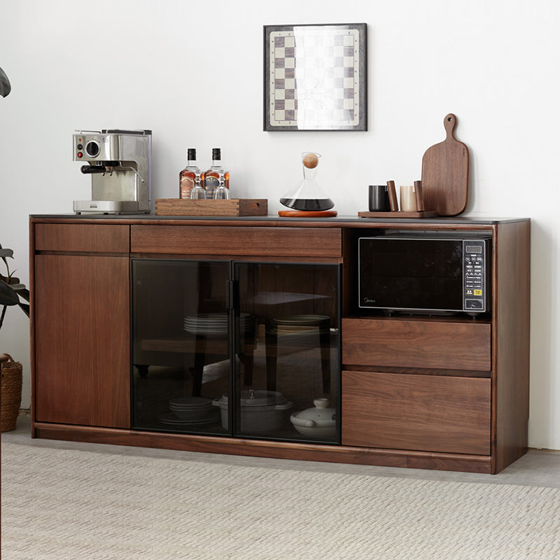 Modern Solid Wood Sideboard with 3 Drawers Glass Door in Brown