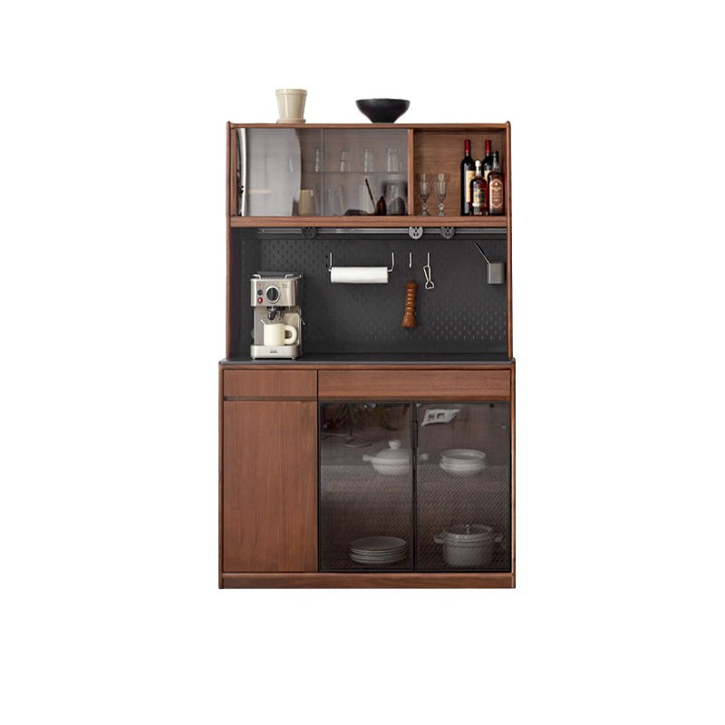 Modern Solid Wood Sideboard with 3 Drawers Glass Door in Brown