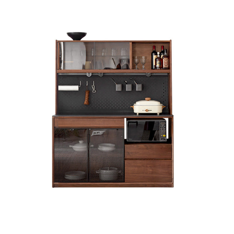 Modern Solid Wood Sideboard with 3 Drawers Glass Door in Brown