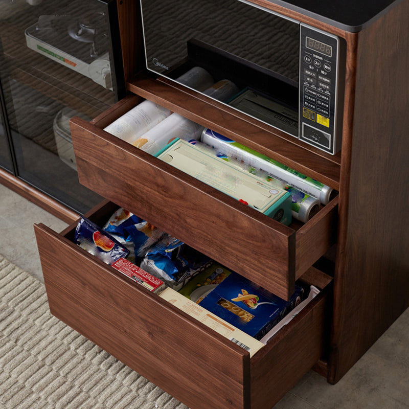 Modern Solid Wood Sideboard with 3 Drawers Glass Door in Brown