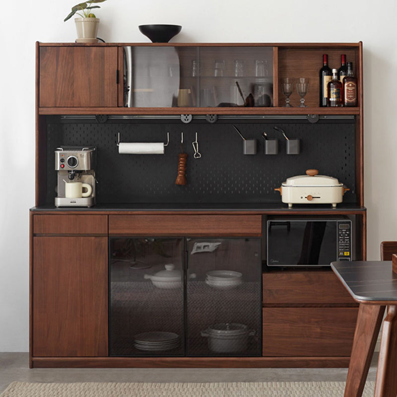 Modern Solid Wood Sideboard with 3 Drawers Glass Door in Brown